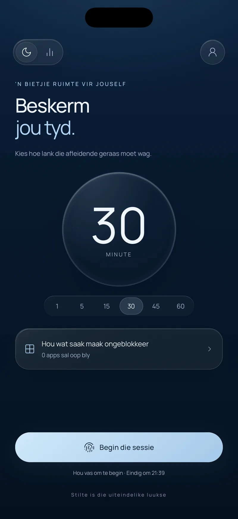 Hermit se Beskerm jou tyd-skerm met 'n 30-minuut-sessie gekies, 'n Hou wat saak maak ongeblokkeer-opsie en 'n Begin die sessie-knoppie wat die eindtyd wys