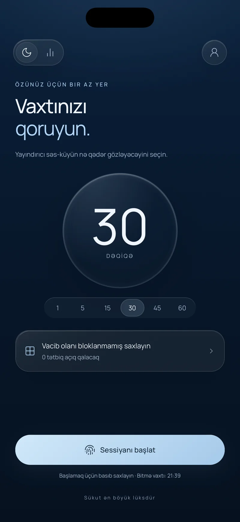 Hermit-in “Vaxtınızı qoruyun” ekranı: 30 dəqiqəlik sessiya seçilib, “Vacib olanı blokdan kənarda saxlayın” seçimi və bitmə vaxtını göstərən “Sessiyanı başlat” düyməsi
