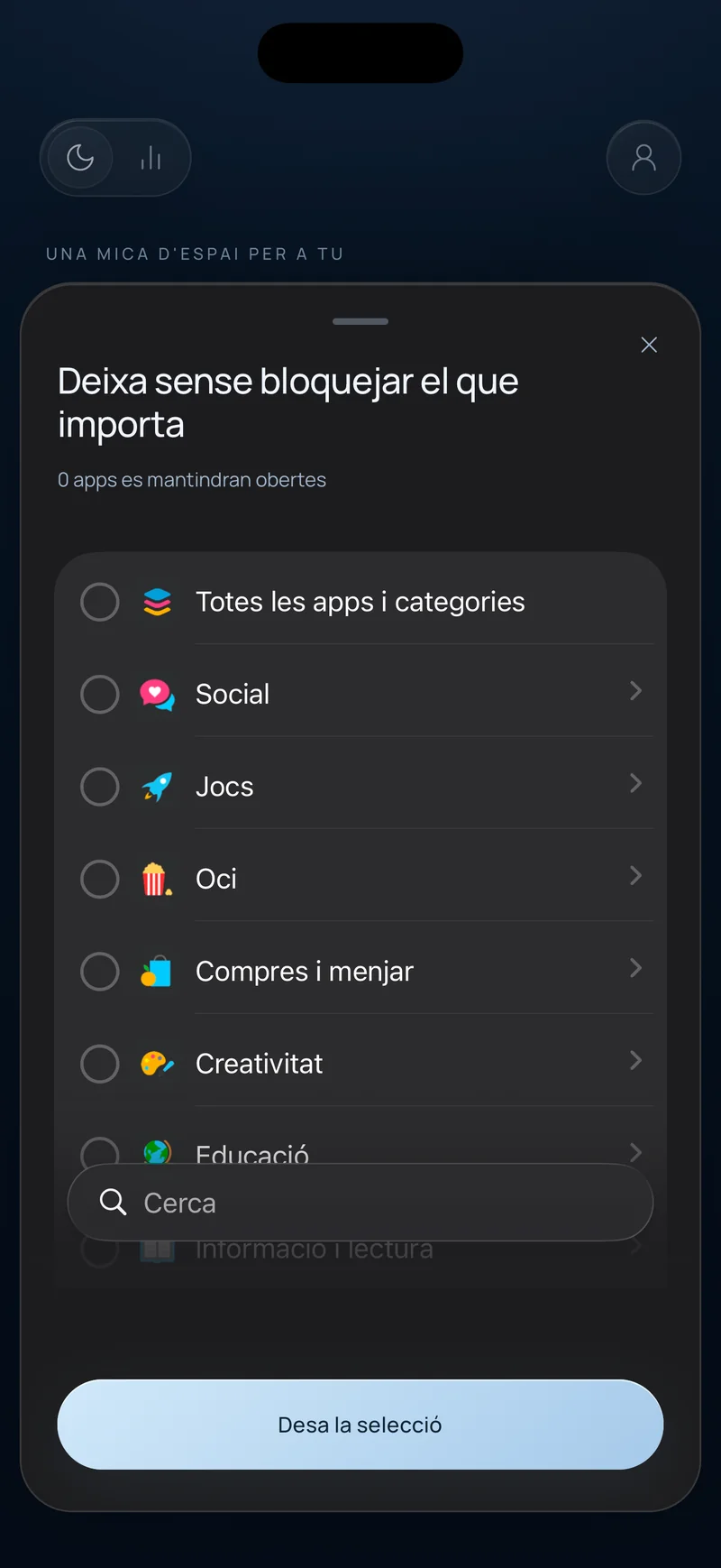 Full de selecció d'apps de Hermit titulat Deixa el que importa sense bloquejar, amb categories d'apps i un camp de cerca