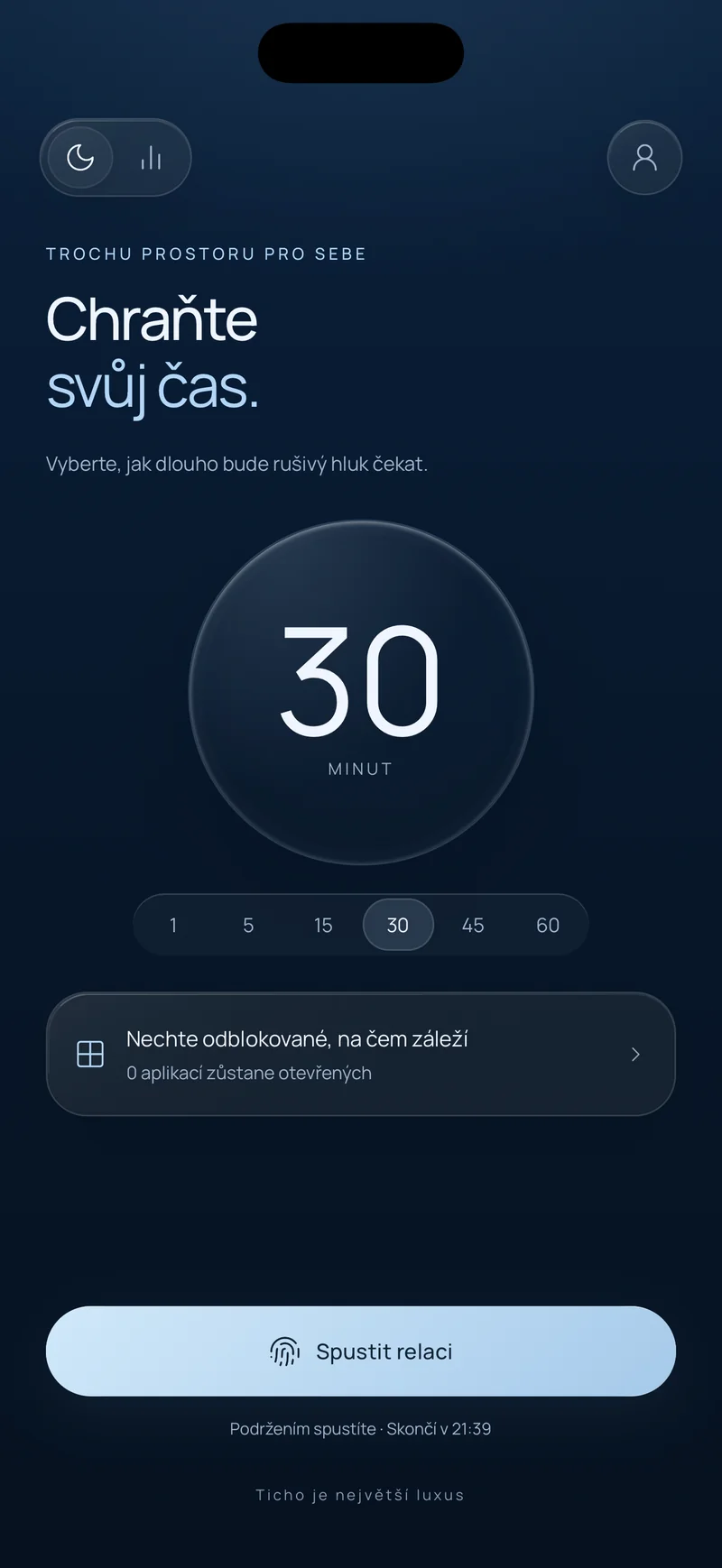 Obrazovka Hermitu Chraňte svůj čas s vybranou relací na 30 minut, možností Ponechat důležité odblokované a tlačítkem Spustit relaci, které ukazuje čas dokončení