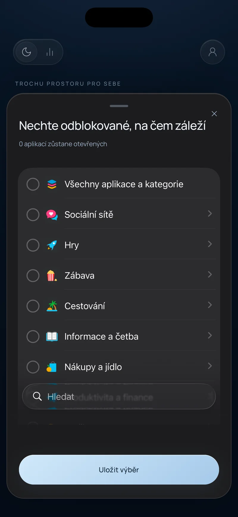 List výběru aplikací v Hermitu s názvem Ponechat důležité odblokované, s kategoriemi aplikací a polem pro hledání