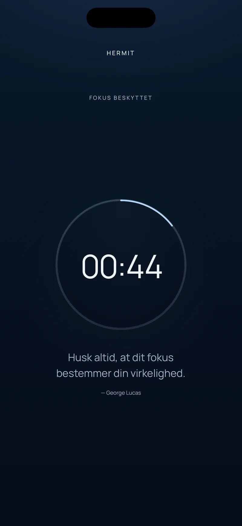 Hermits nedtælling, der viser 00:44 tilbage i en statusring, med et kort citat nedenunder