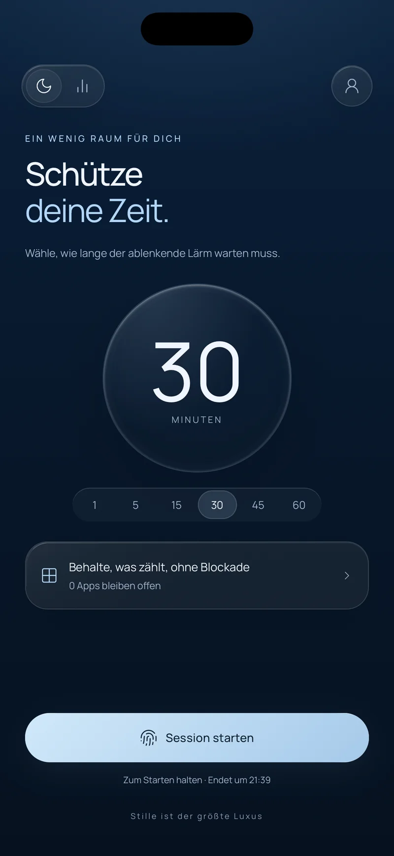 Hermits Bildschirm „Schütze deine Zeit“ mit ausgewählter 30-Minuten-Session, der Option „Wichtiges bleibt freigegeben“ und einer Schaltfläche zum Starten der Session mit der Endzeit