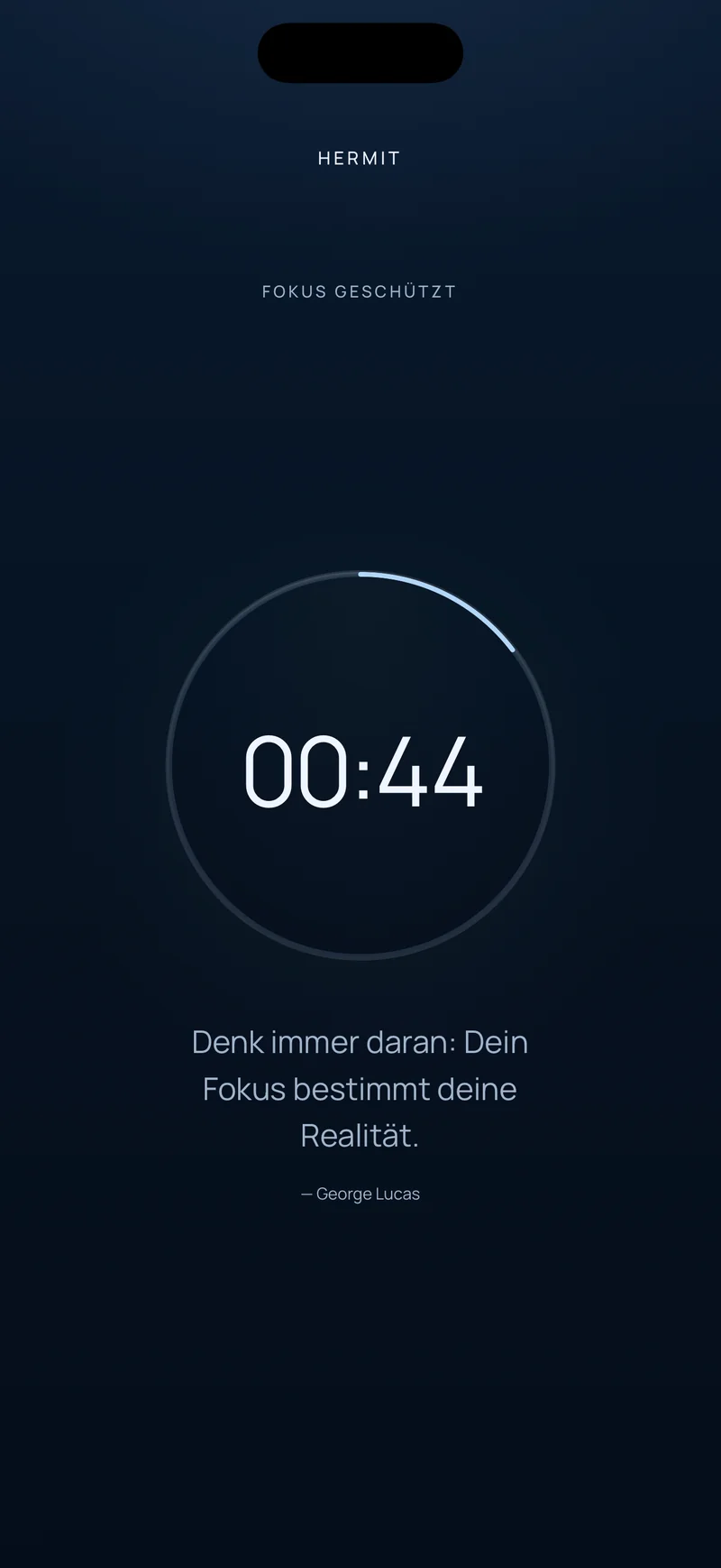 Hermit-Countdown mit 00:44 verbleibend in einem Fortschrittsring, darunter ein kurzes Zitat