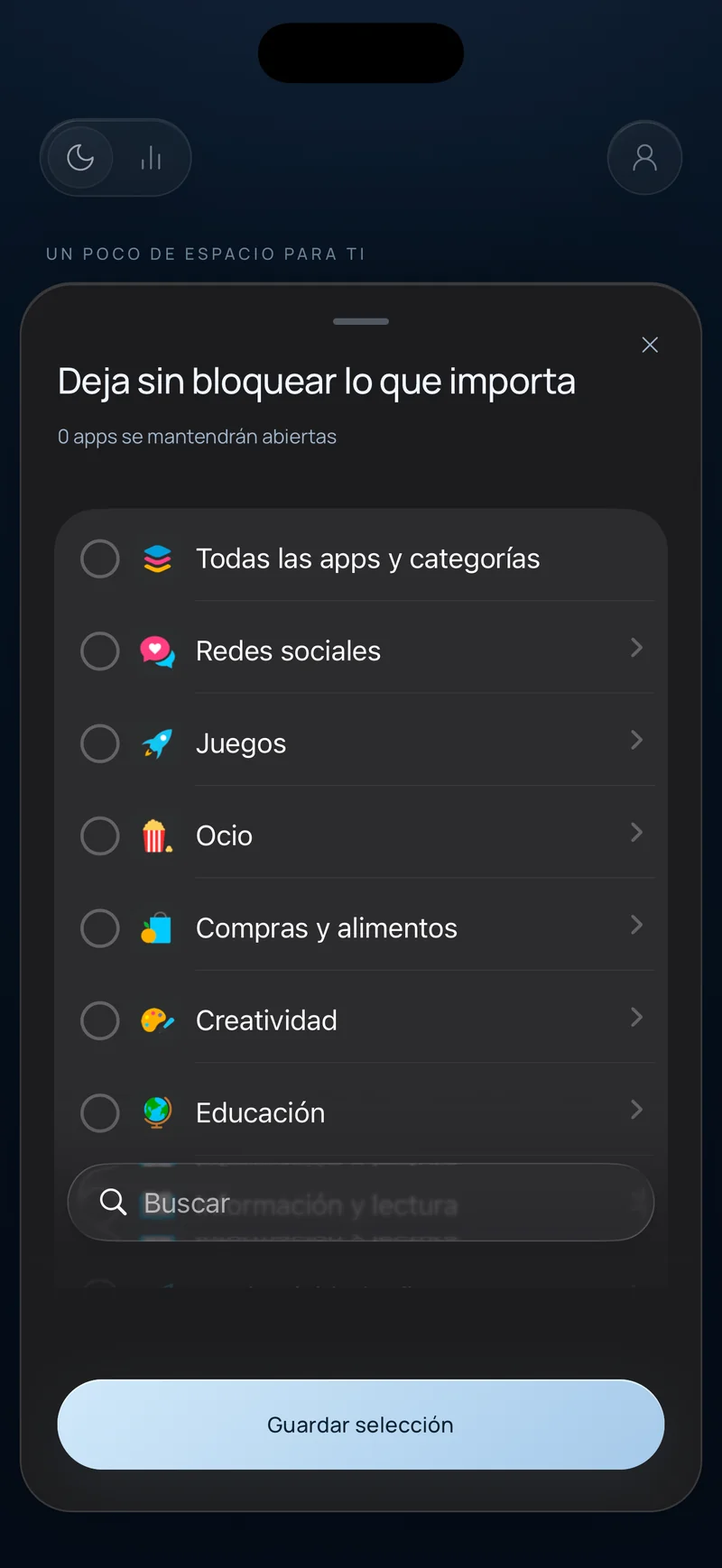 Hoja «Conserva lo importante» de Hermit con categorías de apps como Social, Juegos y Educación y un campo de búsqueda