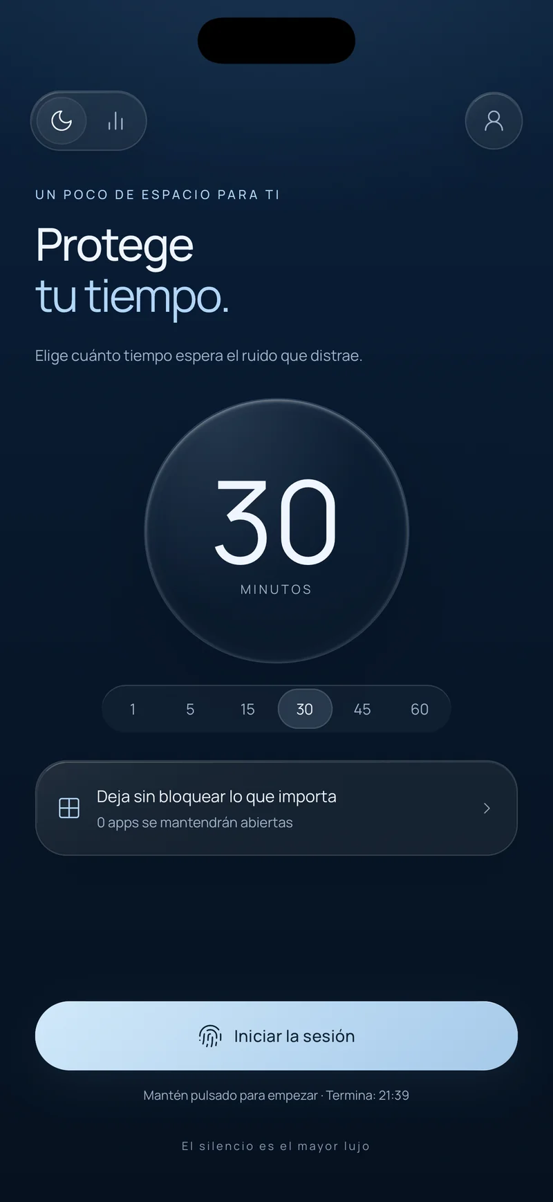 La pantalla «Protege tu tiempo» de Hermit con una sesión de 30 minutos seleccionada, la opción «Conserva lo importante» y un botón de iniciar la sesión que muestra la hora de fin