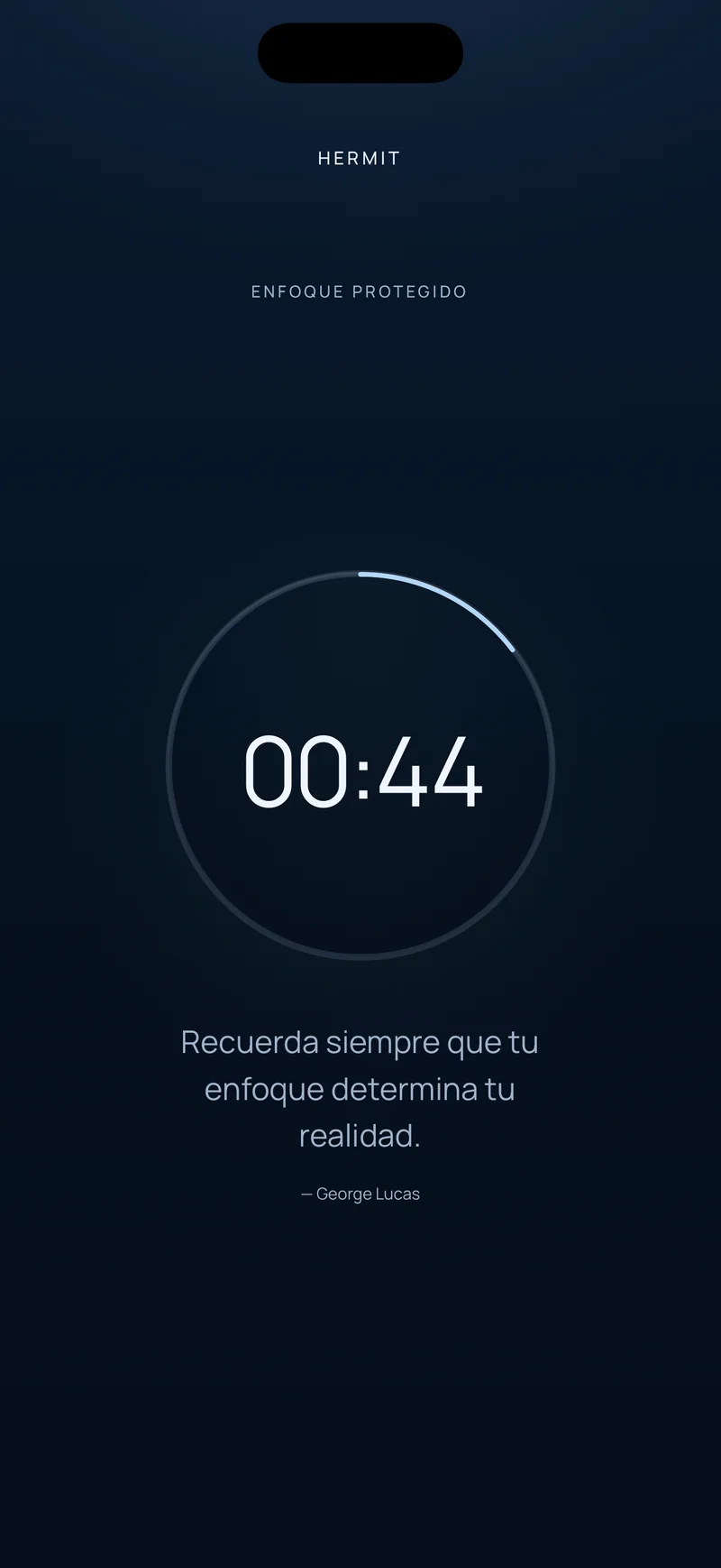 Cuenta atrás de Hermit con 00:44 restantes dentro de un anillo de progreso y una frase corta debajo