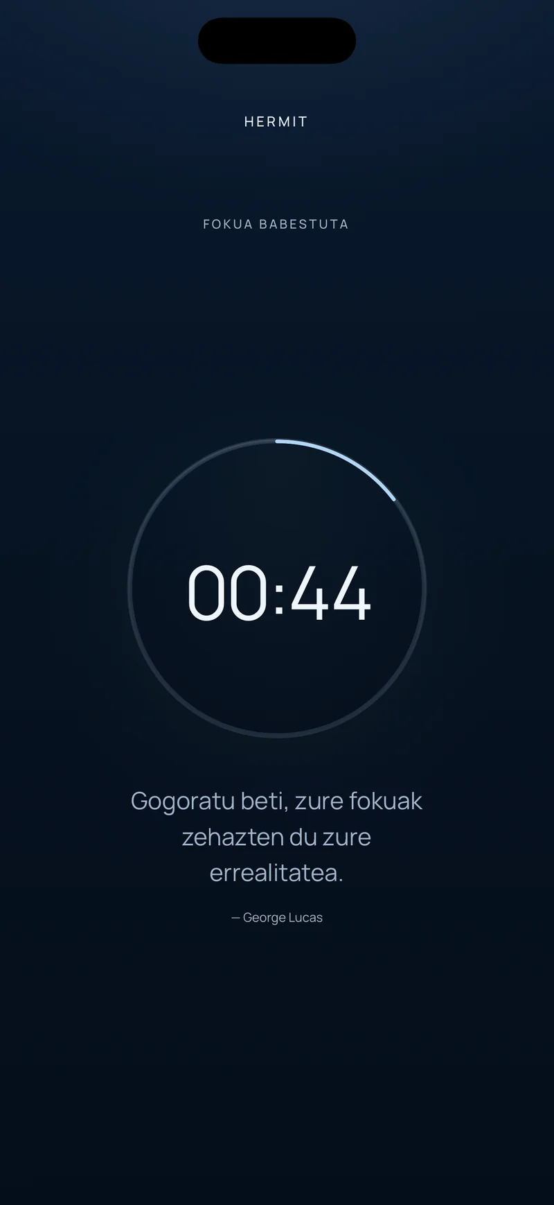 Hermit-en atzerako kontaketa, aurrerapen-eraztunaren barruan 00:44 geratzen direla erakusten, beheko aldean aipu labur batekin