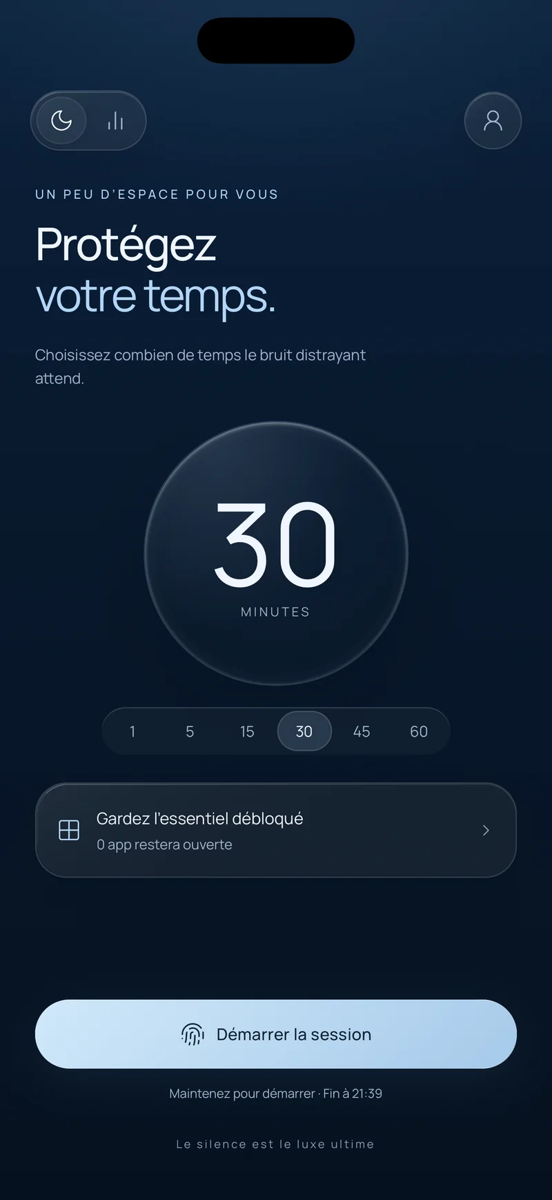 L'écran « Protégez votre temps » de Hermit avec une session de 30 minutes sélectionnée, l'option « Garder l'essentiel débloqué » et un bouton de démarrage affichant l'heure de fin