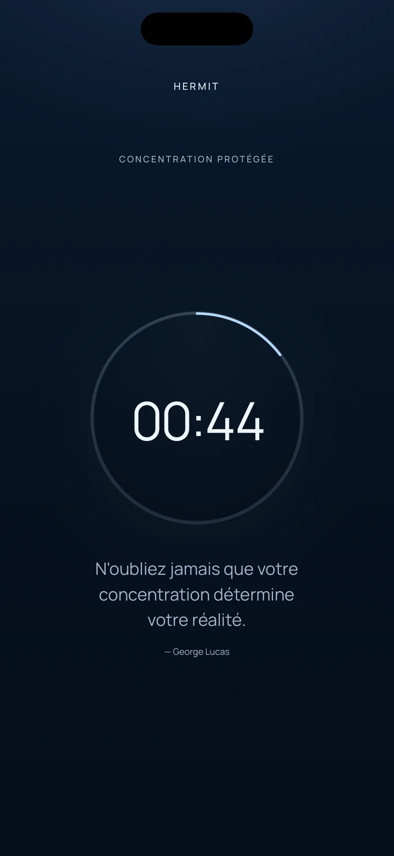 Compte à rebours Hermit affichant 00:44 restantes dans un anneau de progression, avec une courte citation en dessous