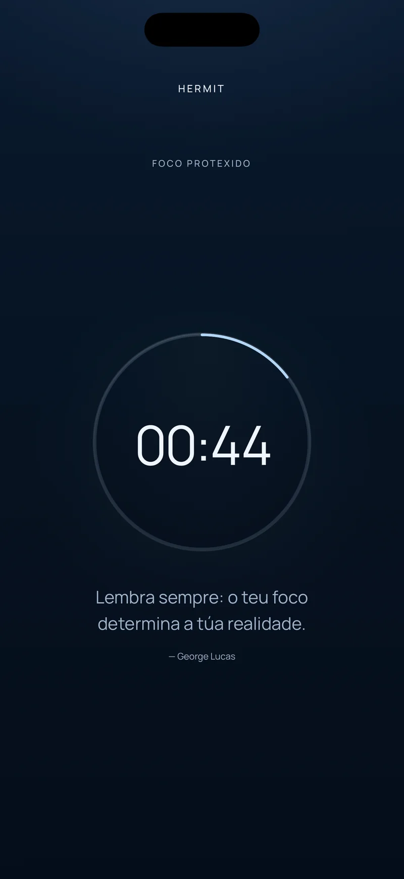 Conta atrás de Hermit que mostra 00:44 restantes dentro dun anel de progreso, cunha cita breve debaixo