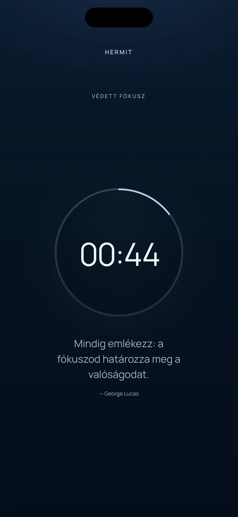 A Hermit visszaszámlálója 00:44 hátralévő idővel egy haladásgyűrűben, alatta egy rövid idézettel