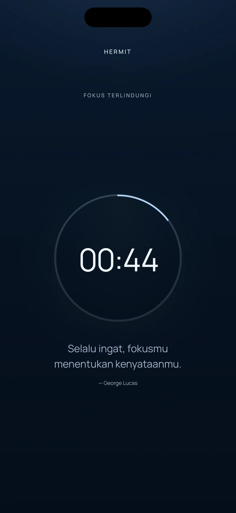 Hitung mundur Hermit menampilkan sisa 00:44 di dalam cincin kemajuan, dengan kutipan singkat di bawahnya