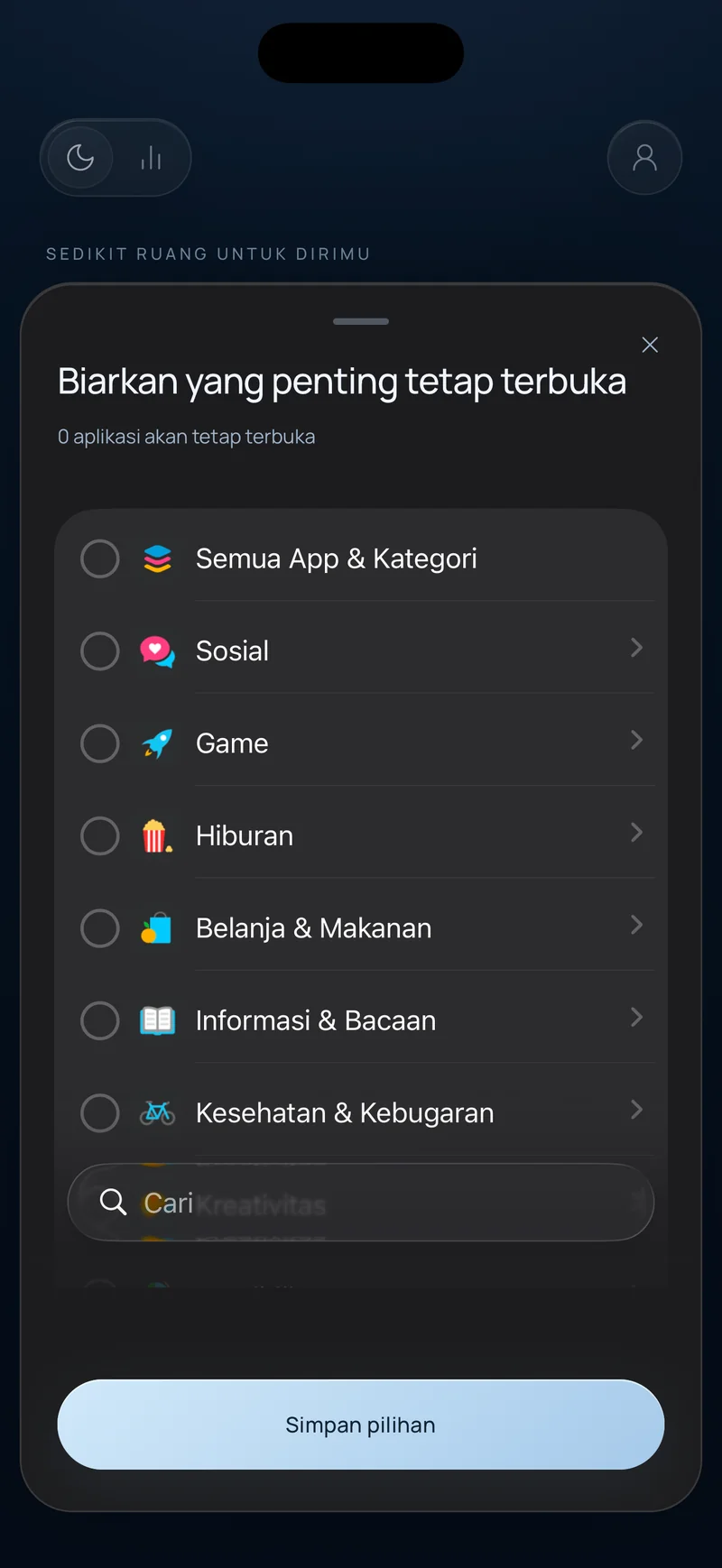 Lembar "Pertahankan yang penting" Hermit yang menampilkan kategori aplikasi seperti Sosial, Game, dan Pendidikan dengan kolom pencarian