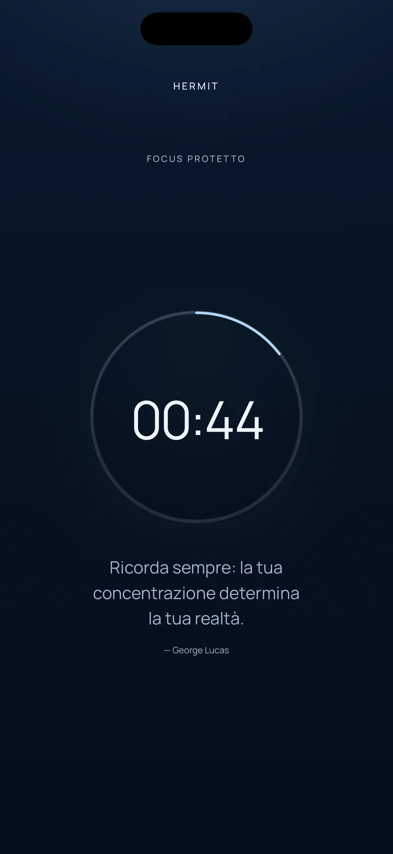 Conto alla rovescia di Hermit con 00:44 rimanenti dentro un anello di avanzamento e una breve frase sotto