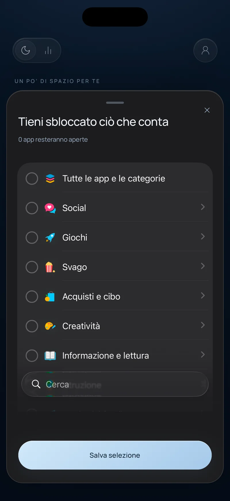 Foglio di selezione delle app di Hermit intitolato «Tieni ciò che conta», con le categorie di app e un campo di ricerca