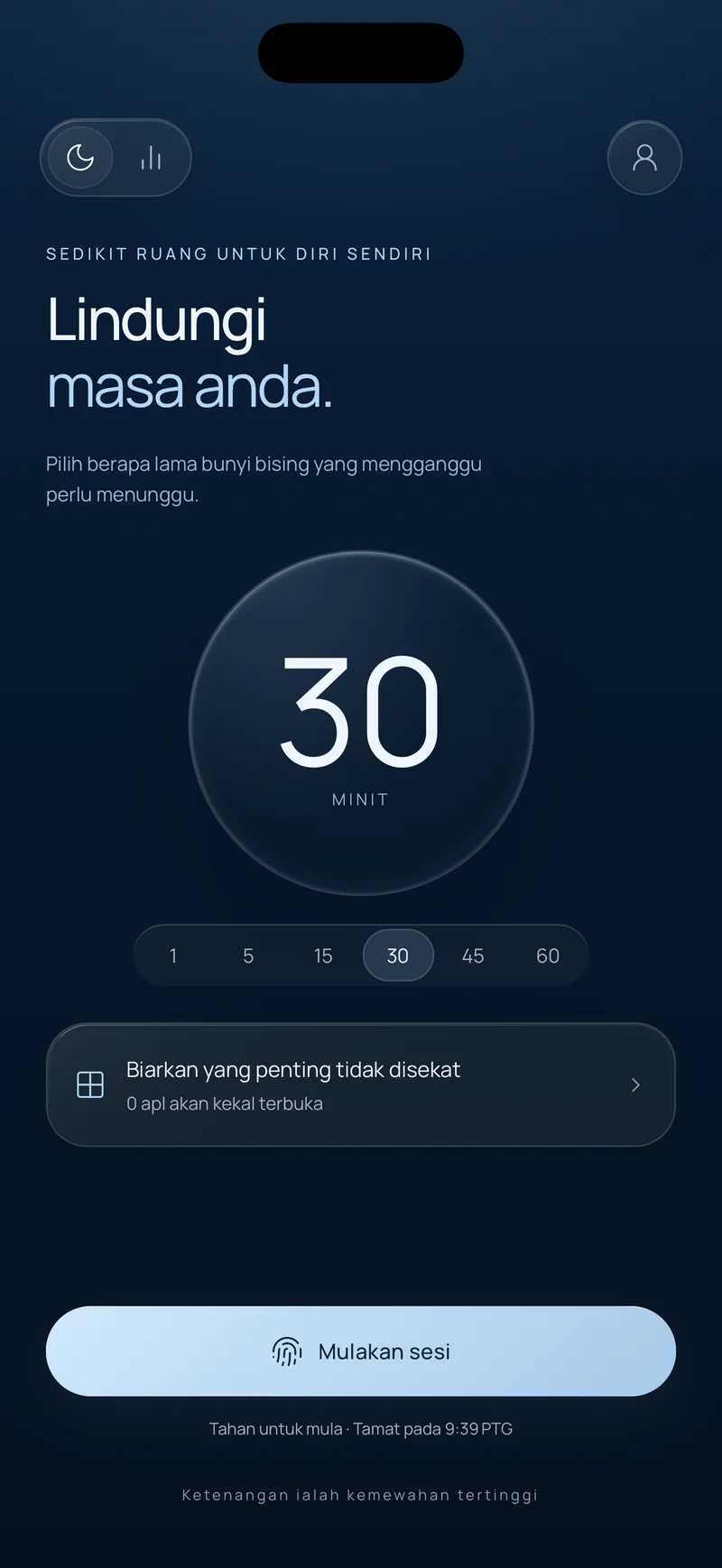 Skrin Lindungi masa anda Hermit dengan sesi 30 minit dipilih, pilihan Kekalkan yang penting tidak disekat dan butang Mulakan sesi yang menunjukkan masa tamat