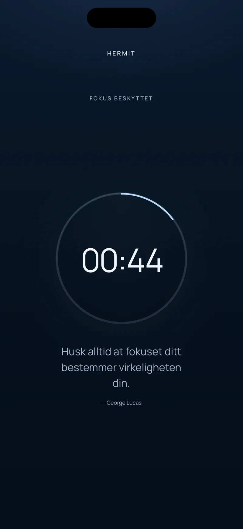 Hermits nedtelling som viser 00:44 igjen i en fremdriftsring, med et kort sitat under