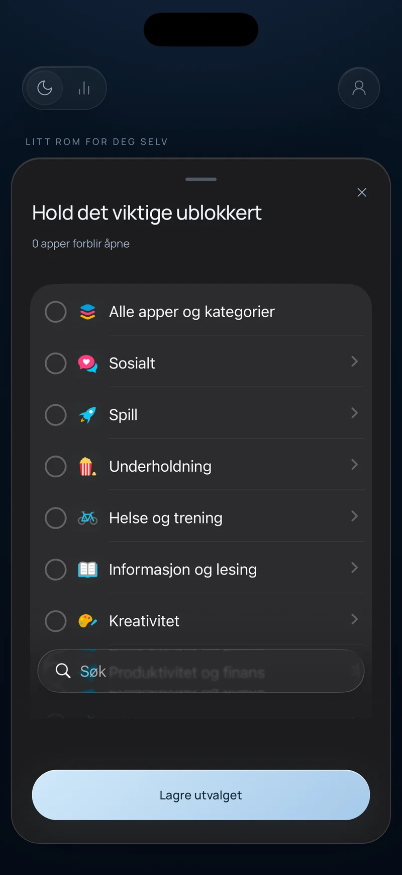 Hermits utvalgsark Behold det som er viktig ublokkert med appkategorier som Sosialt, Spill og Utdanning og et søkefelt