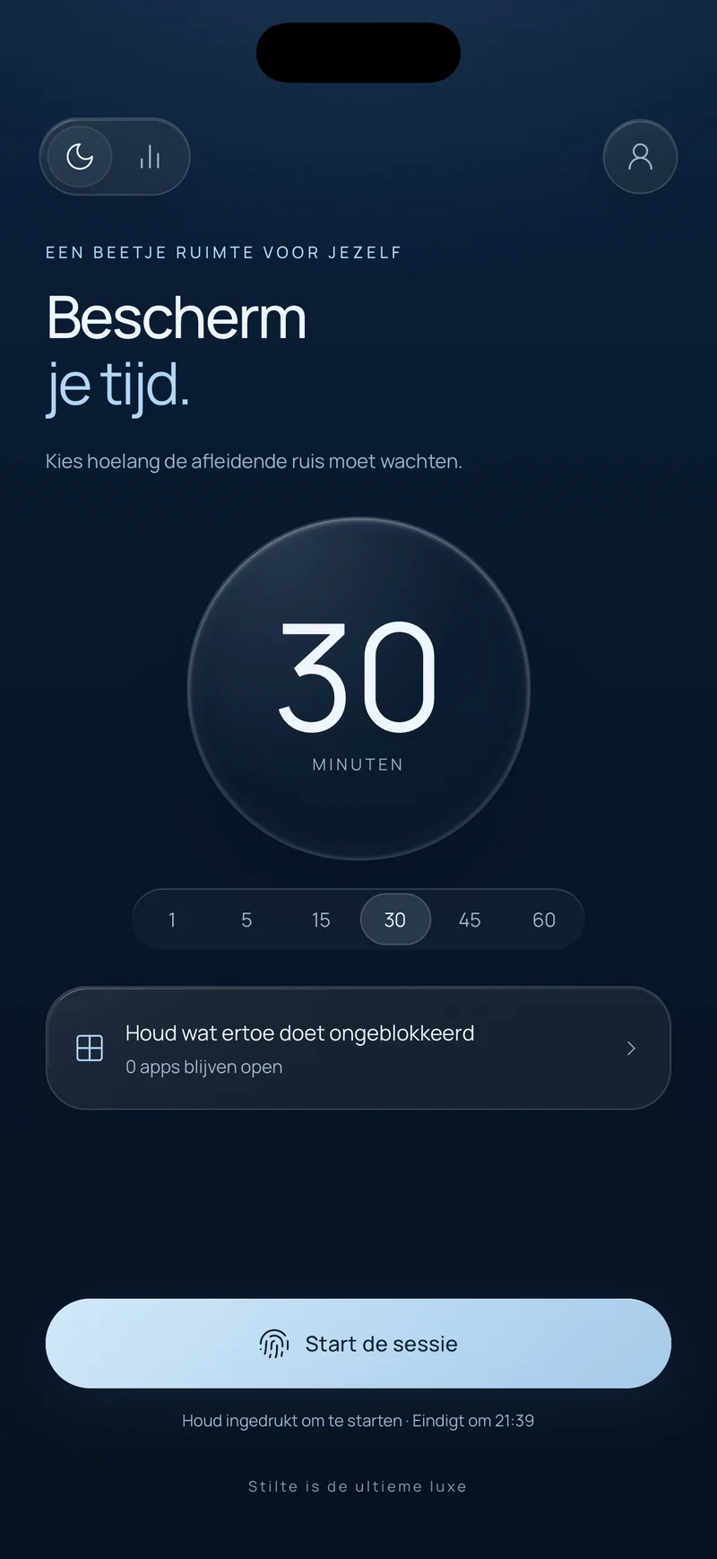 Het scherm 'Bescherm je tijd' van Hermit met een sessie van 30 minuten geselecteerd, de optie 'Houd wat telt' en een knop om de sessie te starten met de eindtijd