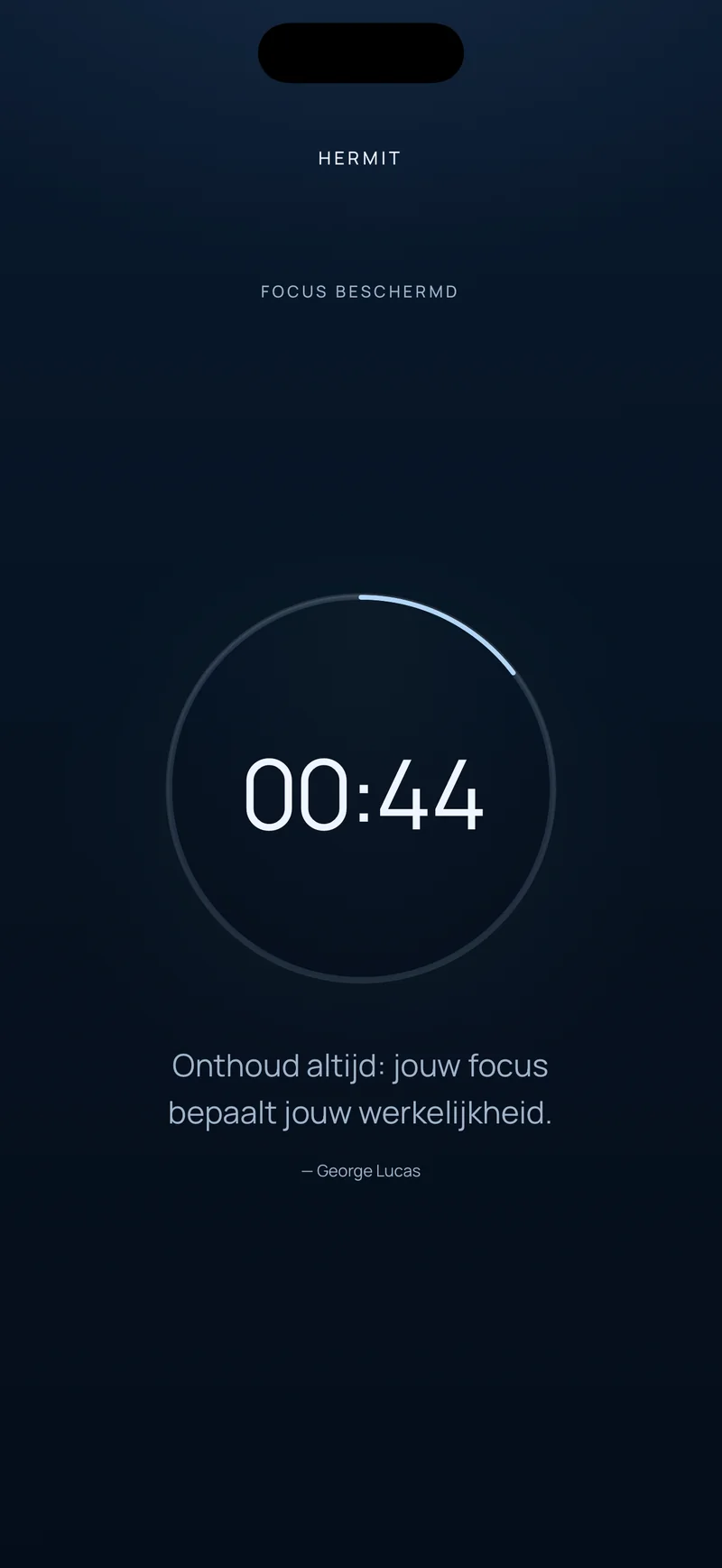 Hermit-aftelling met 00:44 resterend in een voortgangsring, met een korte zin eronder