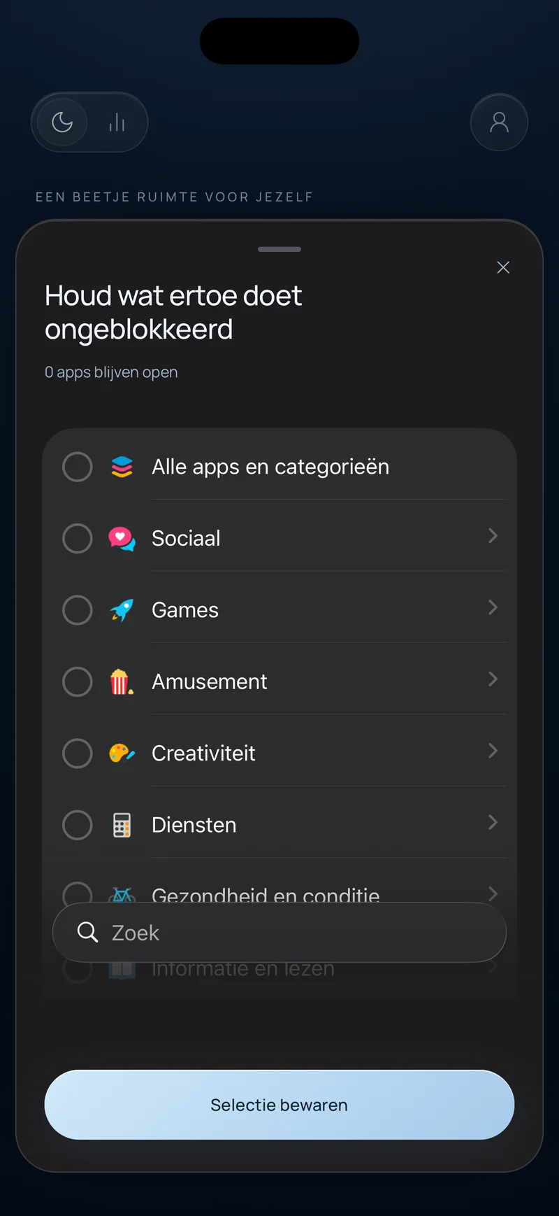 Hermit-selectieblad met de titel 'Houd wat telt', met app-categorieën en een zoekveld