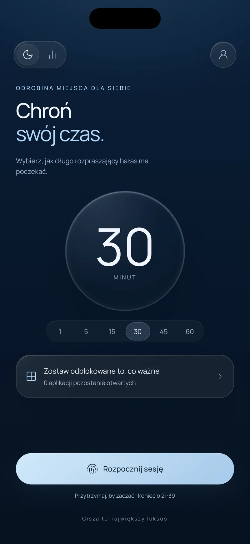 Ekran „Ochroń swój czas” w Hermit z wybraną sesją 30-minutową, opcją „Zachowaj to, co ważne” i przyciskiem rozpoczęcia sesji z godziną zakończenia