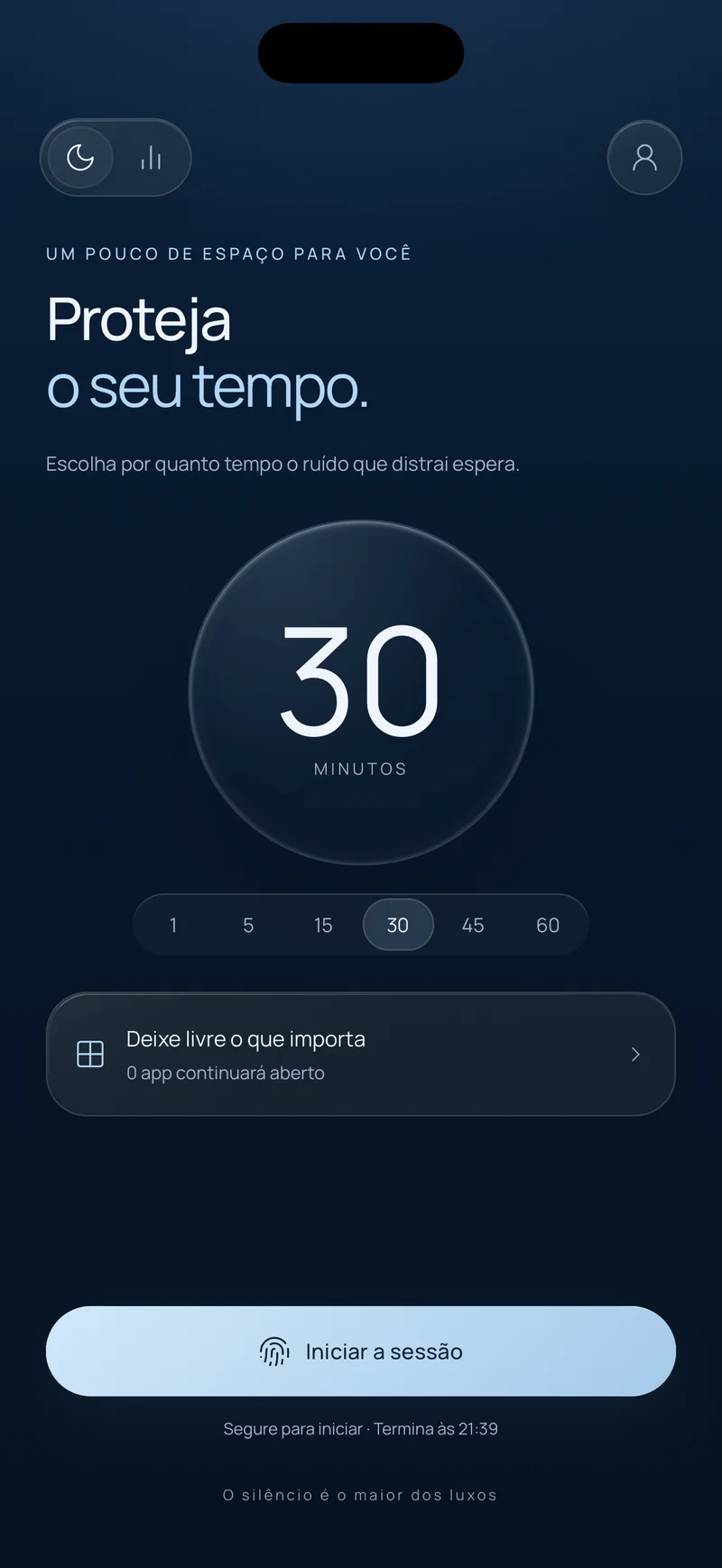 Tela «Proteja seu tempo» do Hermit com uma sessão de 30 minutos selecionada, a opção «Mantenha o que importa» e um botão de iniciar a sessão mostrando o horário de término