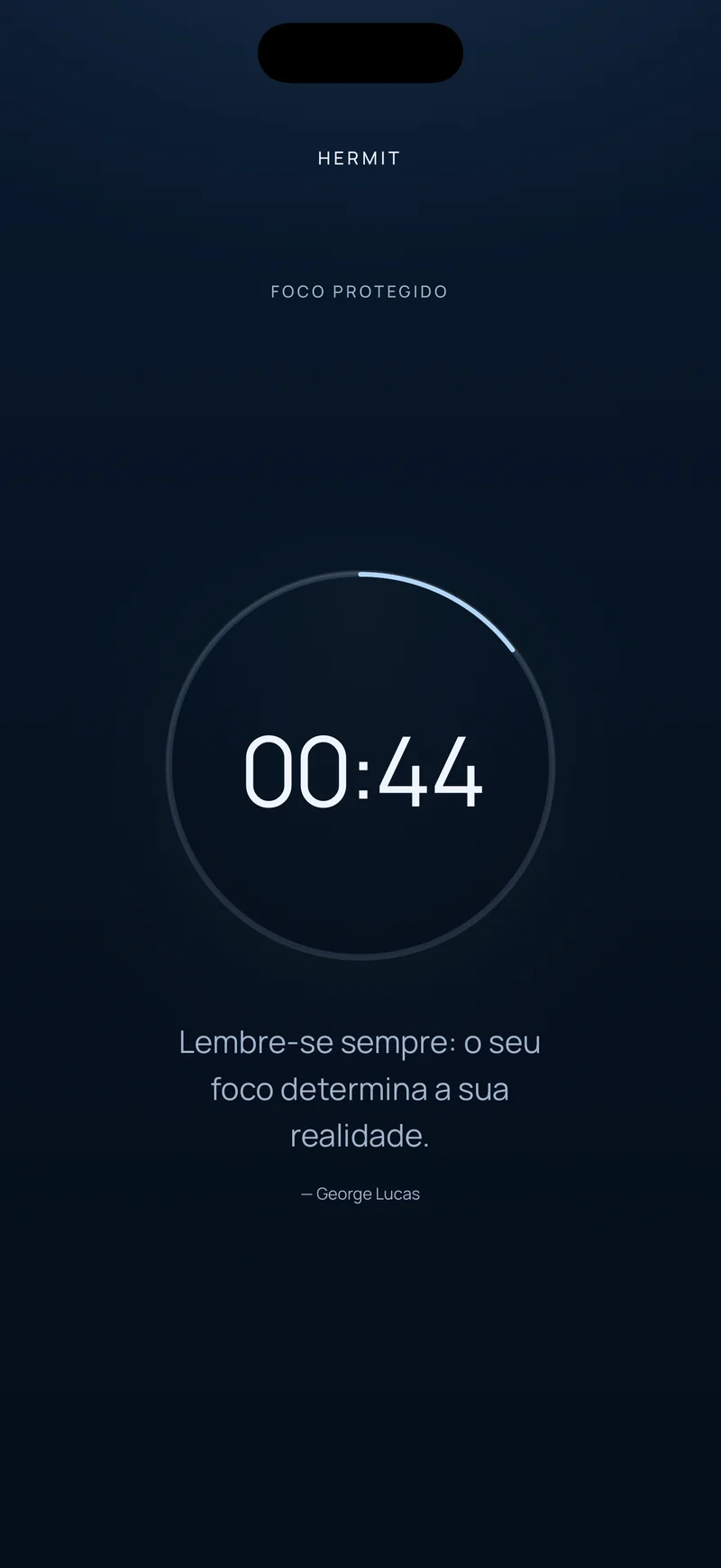 Contagem regressiva do Hermit mostrando 00:44 restantes dentro de um anel de progresso, com uma frase curta abaixo