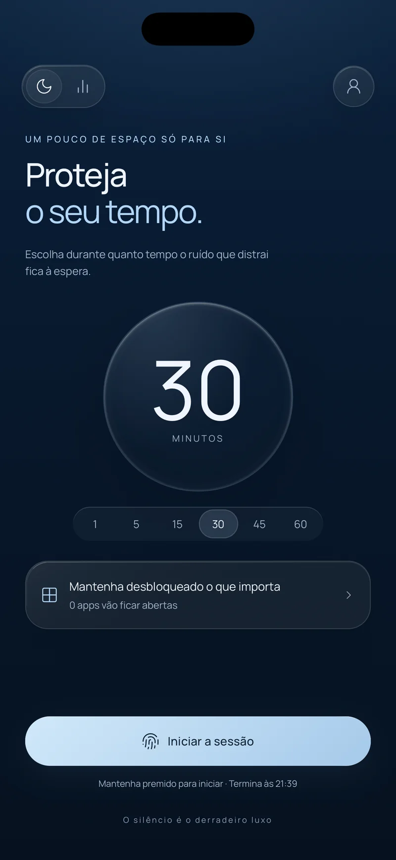 Ecrã «Proteja seu tempo» do Hermit com uma sessão de 30 minutos selecionada, a opção «Mantenha o que importa» e um botão de iniciar a sessão mostrando o horário de término