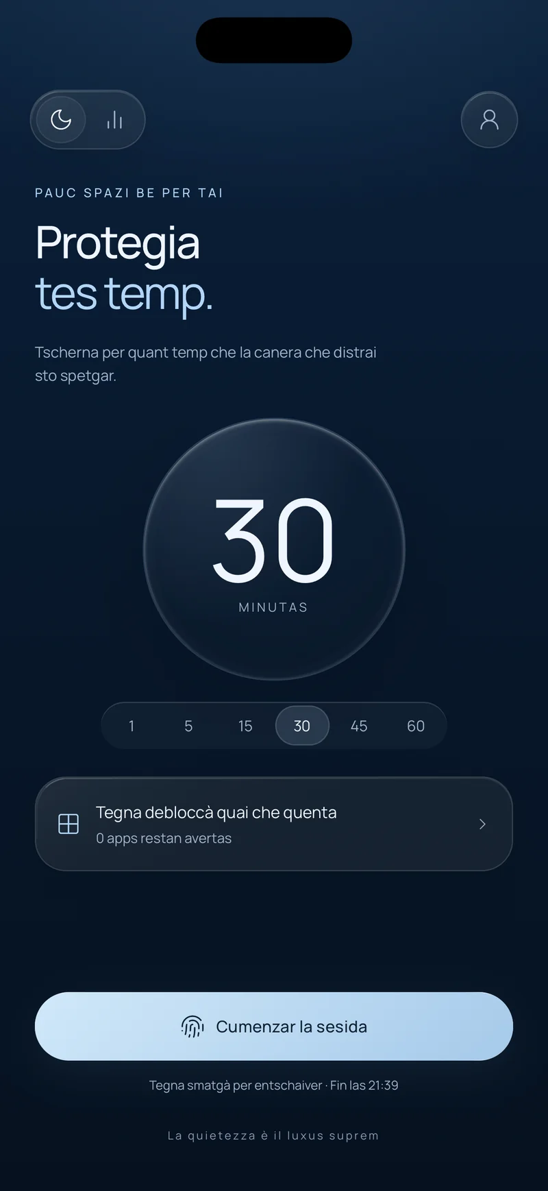 La visur «Protegia tes temp» da Hermit cun ina sesida da 30 minutas tschernida, l'opziun «Tegna l'important nunbloccà» ed il buttun «Cumenzar la sesida» che mussa l'ura da terminaziun