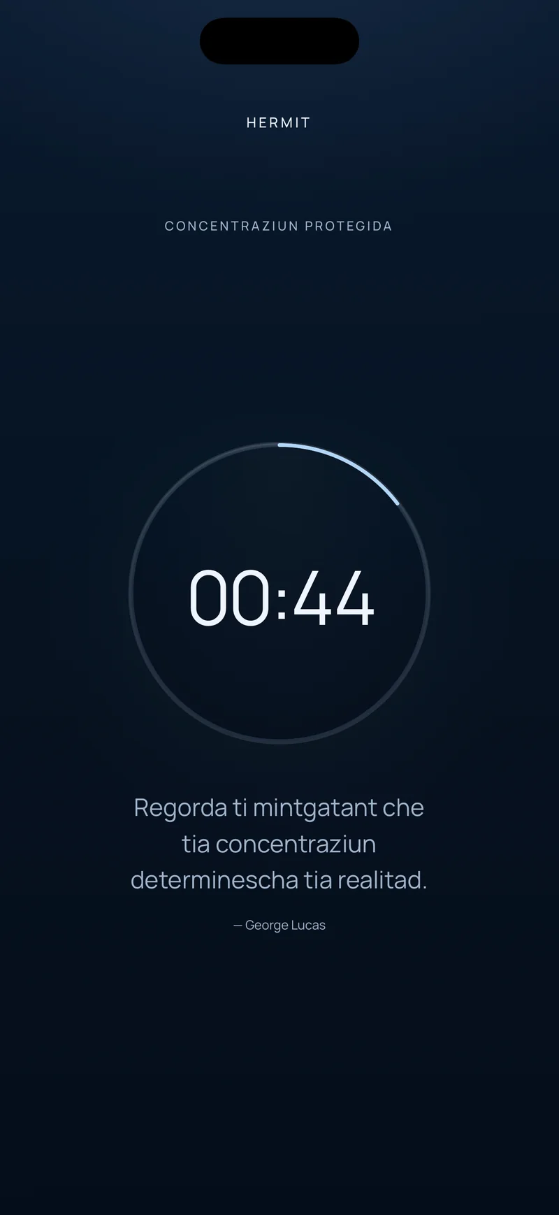 Cuntader enavos da Hermit che mussa 00:44 restant en in rin da progress, cun ina curta citaziun sutvart