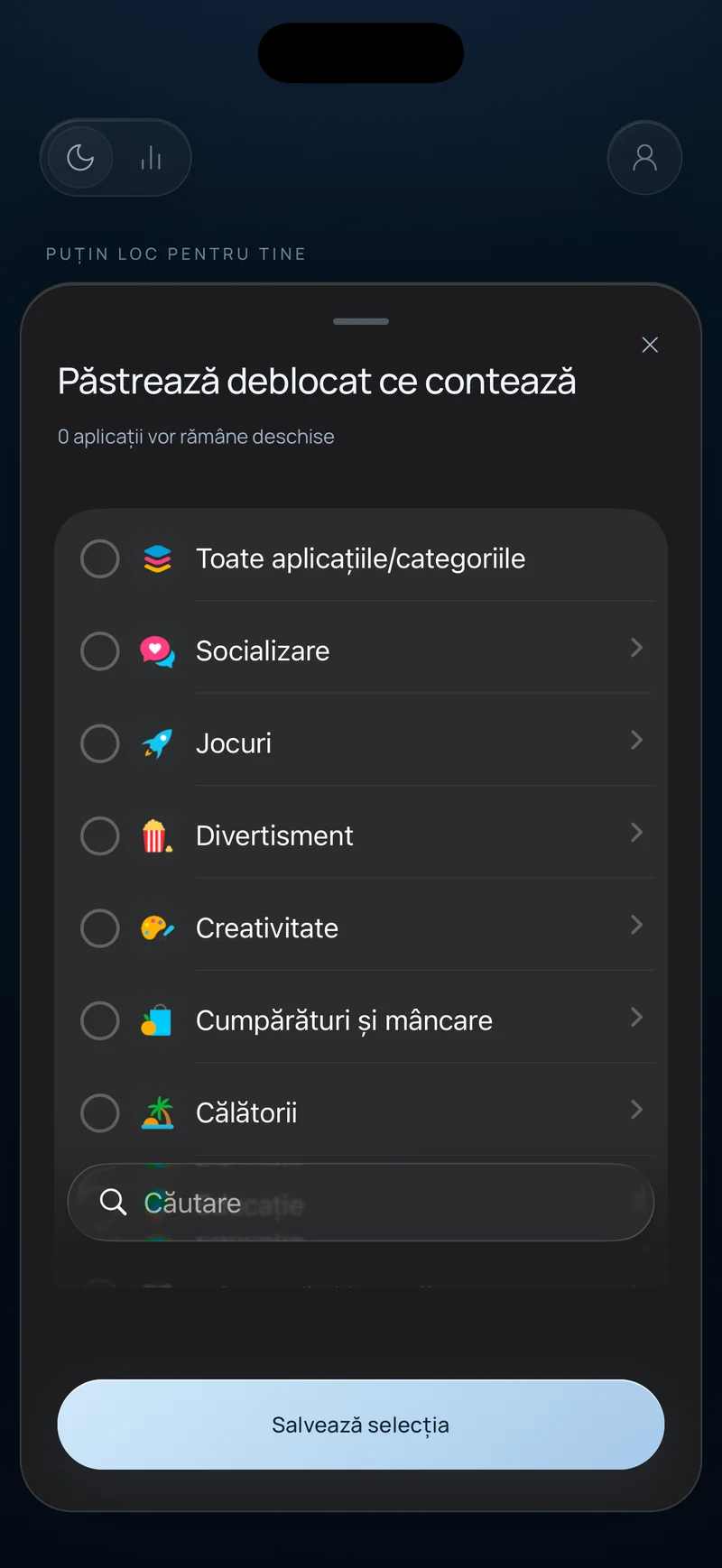 Foaia Hermit Păstrează deblocat ce contează, afișând categorii de aplicații precum Social, Jocuri și Educație, cu un câmp de căutare