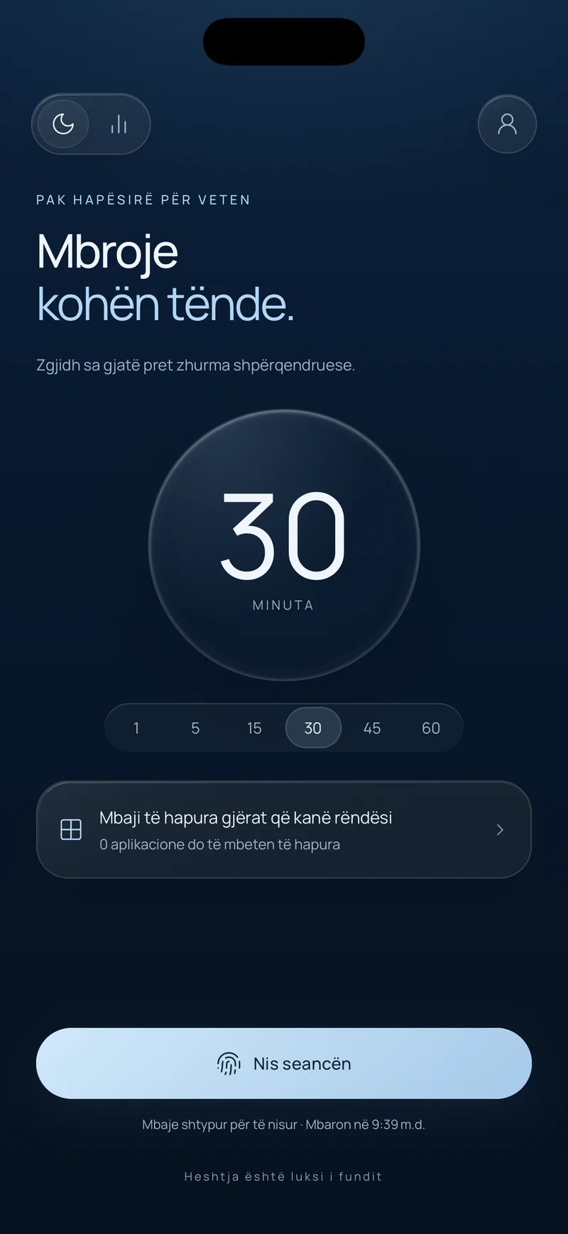 Ekrani «Mbro kohën tënde» i Hermit me një seancë 30-minutëshe të zgjedhur, opsionin «Mbaje të rëndësishmen të pabllokuar» dhe butonin «Nis seancën» që tregon orën e përfundimit