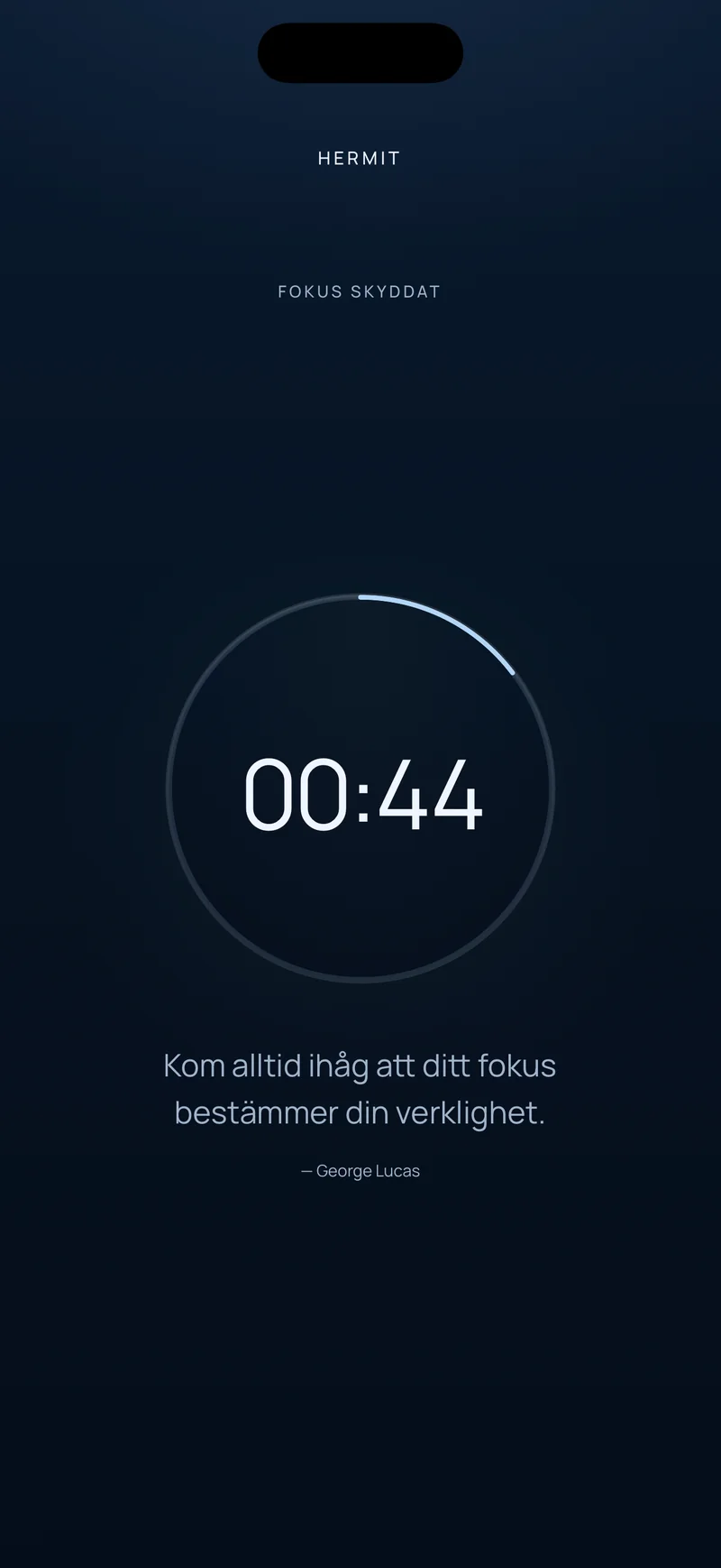Hermits nedräkning som visar 00:44 kvar i en förloppsring, med ett kort citat under