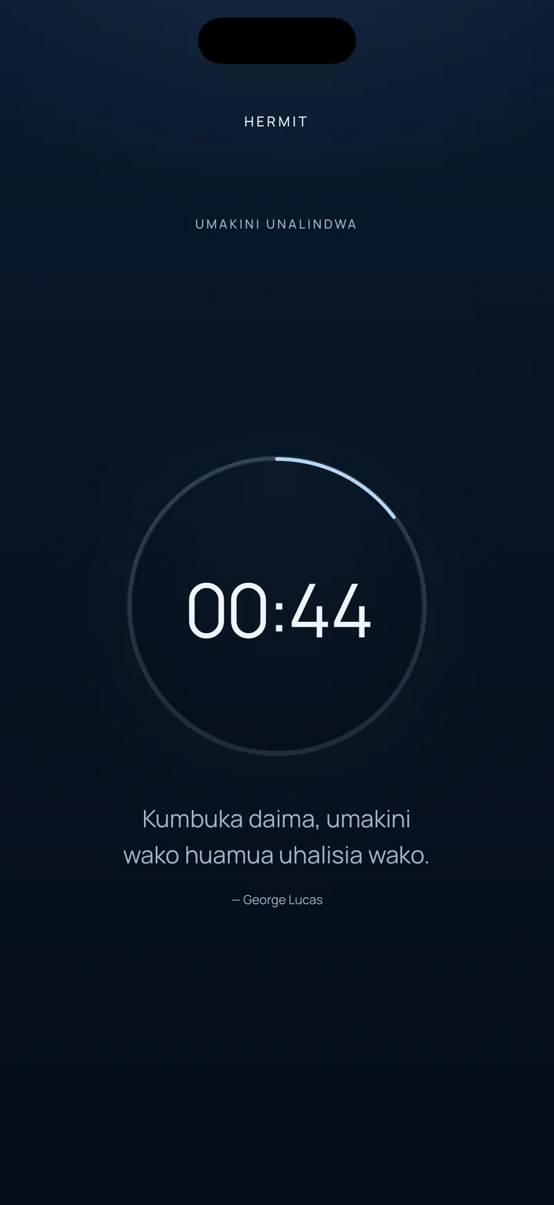Hesabu ya kushuka ya Hermit ikionyesha 00:44 zimebaki ndani ya pete ya maendeleo, na nukuu fupi chini
