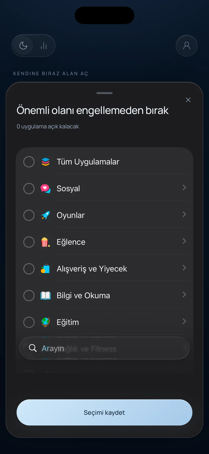 Arama alanıyla uygulama kategorilerini listeleyen, "Önemli olanı tut" başlıklı Hermit uygulama seçim sayfası
