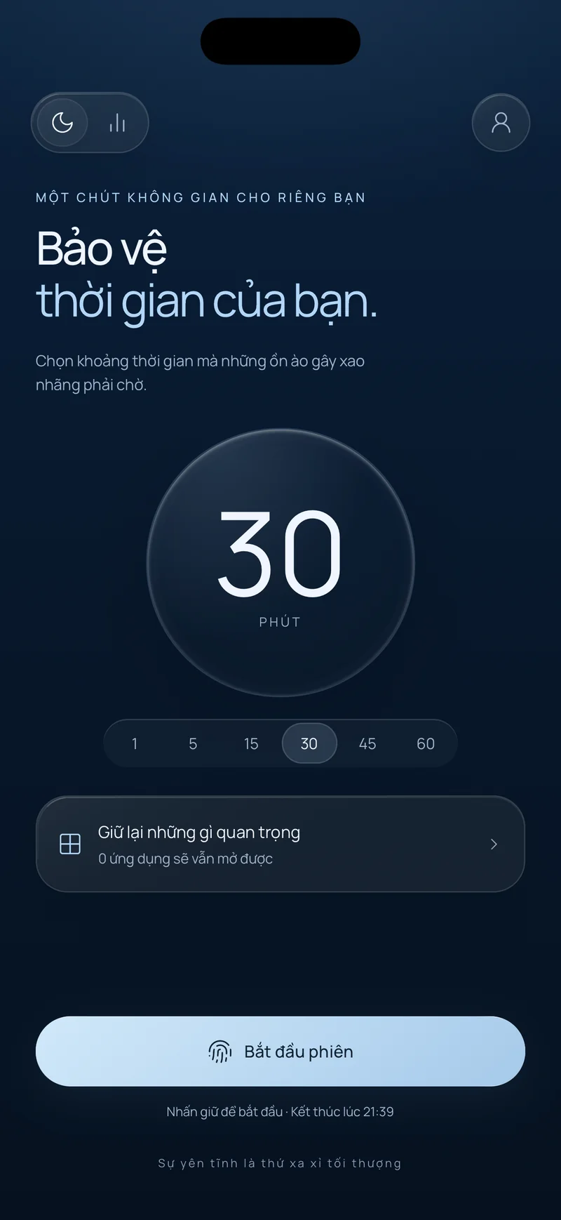 Màn hình "Bảo vệ thời gian của bạn" của Hermit với phiên 30 phút được chọn, tùy chọn "Giữ lại điều quan trọng" và nút bắt đầu phiên hiển thị giờ kết thúc
