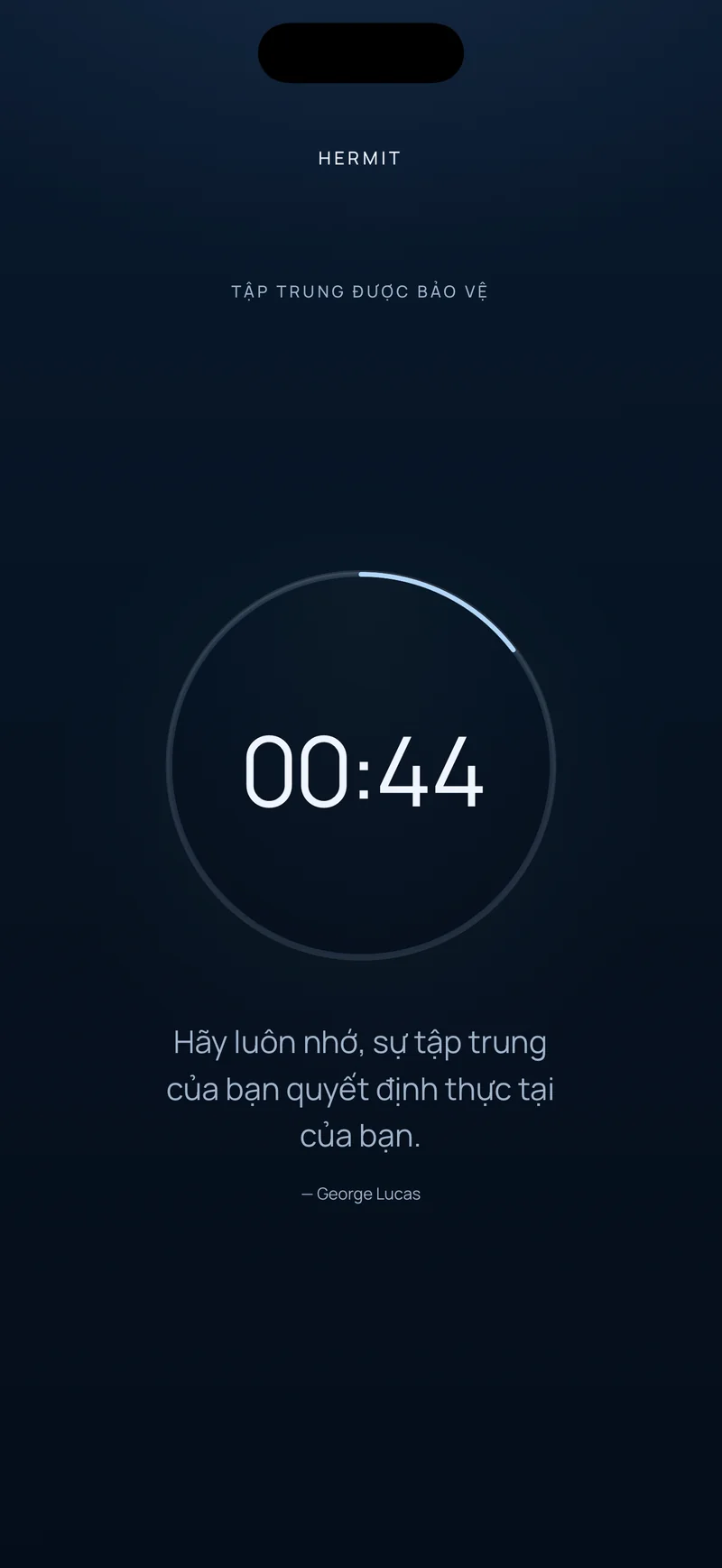 Đếm ngược của Hermit hiển thị còn 00:44 trong vòng tiến độ, kèm một câu trích ngắn bên dưới