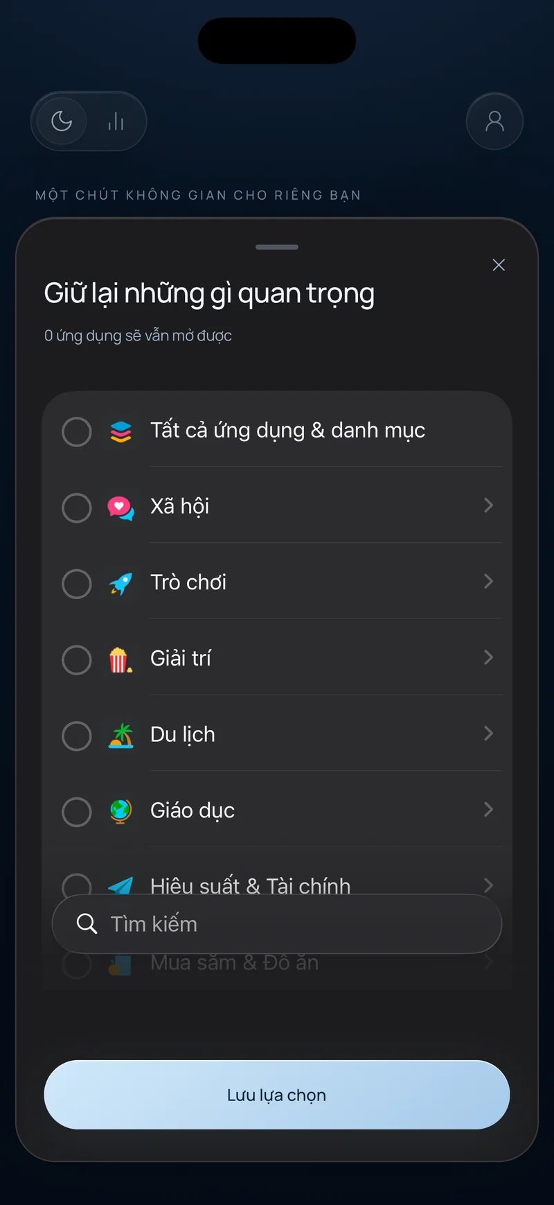 Bảng "Giữ lại điều quan trọng" của Hermit hiển thị các danh mục ứng dụng như Xã hội, Trò chơi và Giáo dục cùng ô tìm kiếm